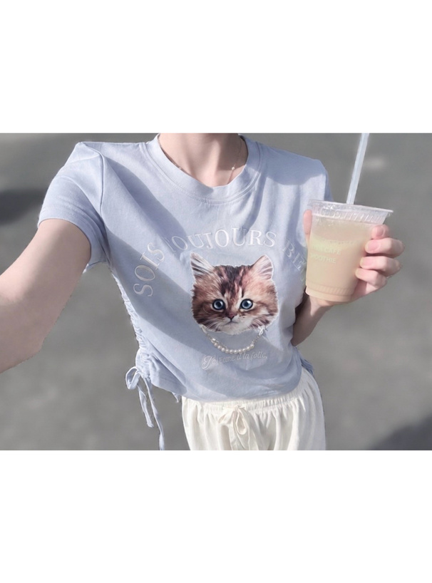 チャーム付きキャットプリントサイドドロストトップス