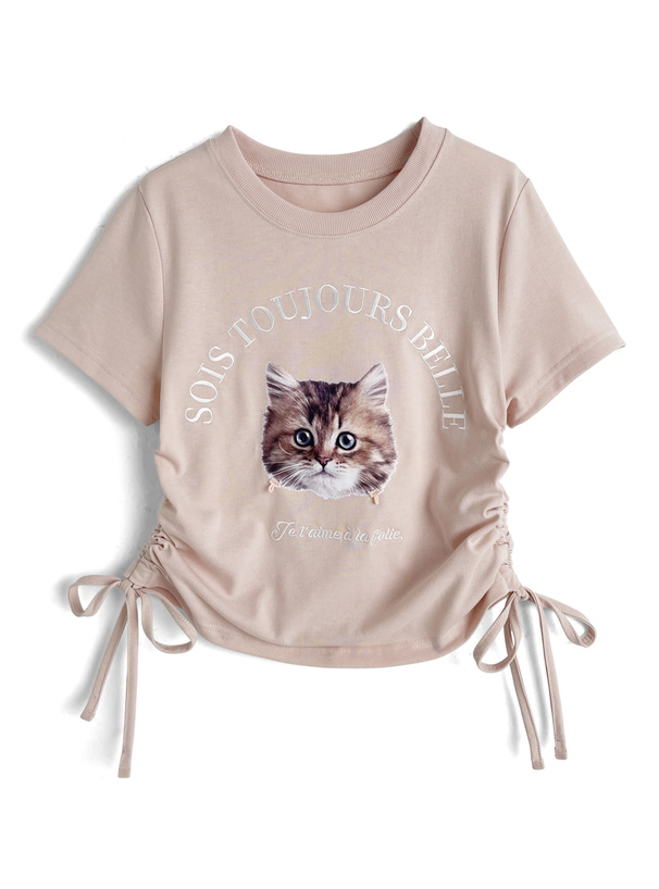 チャーム付きキャットプリントサイドドロストトップス