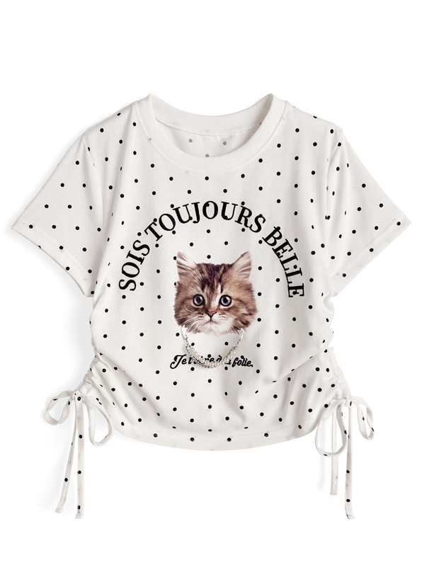 チャーム付きドット柄キャットプリントトップス