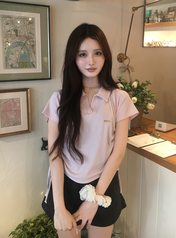 スキッパーサイドドロストラメリブトップス
