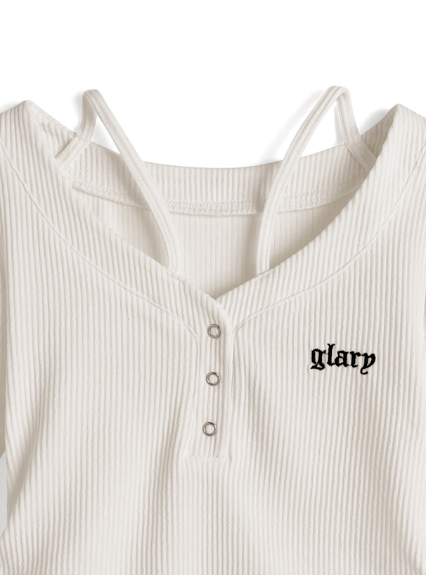 ロゴ刺繍ストラップサイドギャザーリブトップス