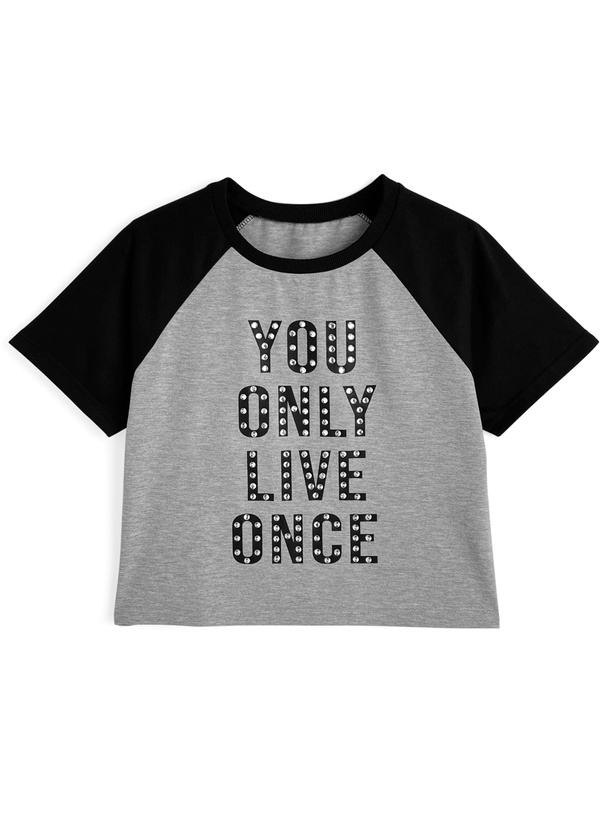 配色ラグランロゴプリントラインストーンTシャツ