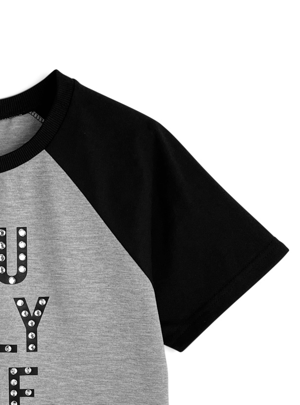 配色ラグランロゴプリントラインストーンTシャツ