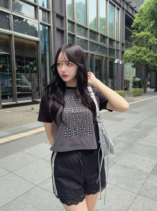 配色ラグランロゴプリントラインストーンTシャツ