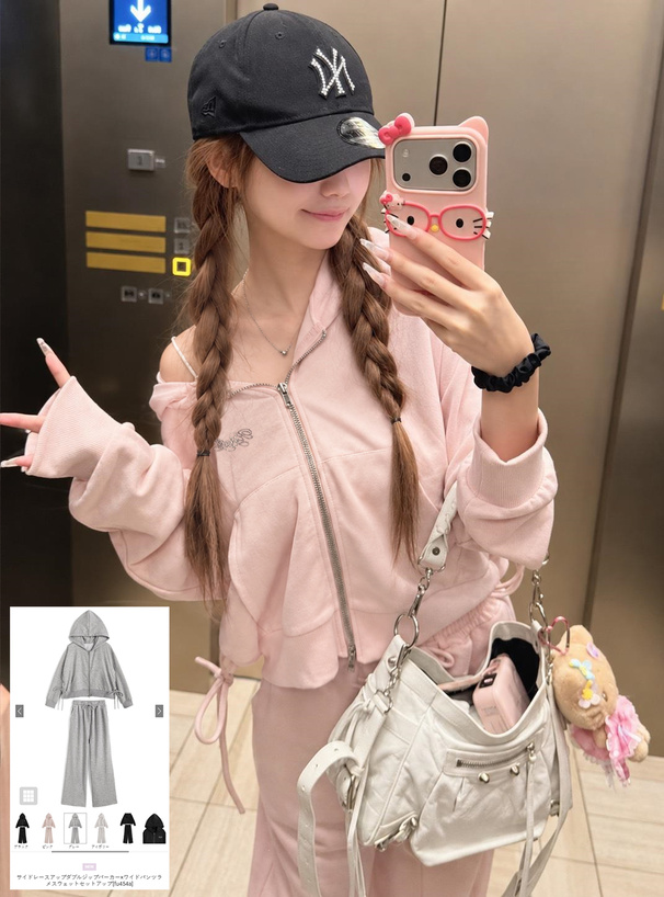 サイドレースアップダブルジップパーカー×ワイドパンツラメスウェットセットアップ