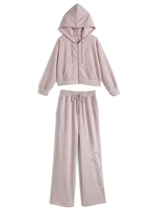 ラインストーンロゴパーカー×ワイドパンツラメスウェットセットアップ
