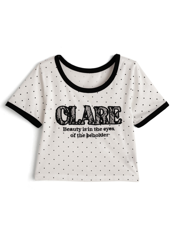 ドット柄レースロゴ刺繍リンガーTシャツ
