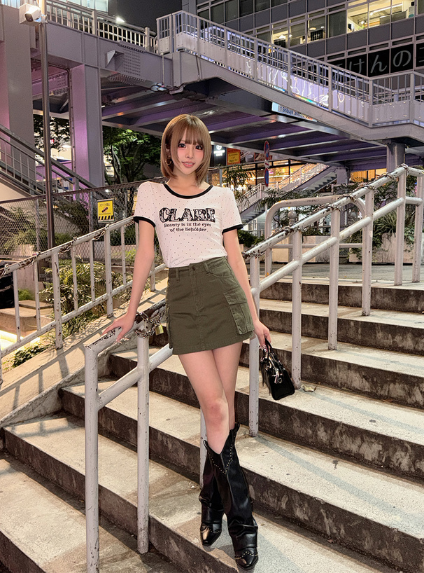 ドット柄レースロゴ刺繍リンガーTシャツ