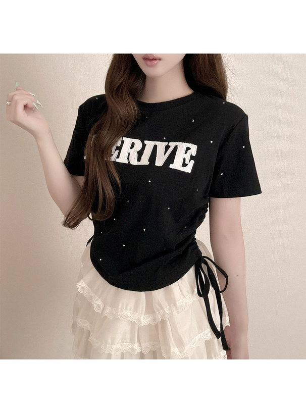 ラインストーンロゴ刺繍サイドドロストTシャツ