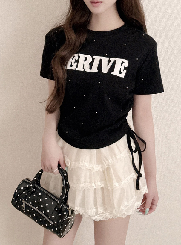 ラインストーンロゴ刺繍サイドドロストTシャツ