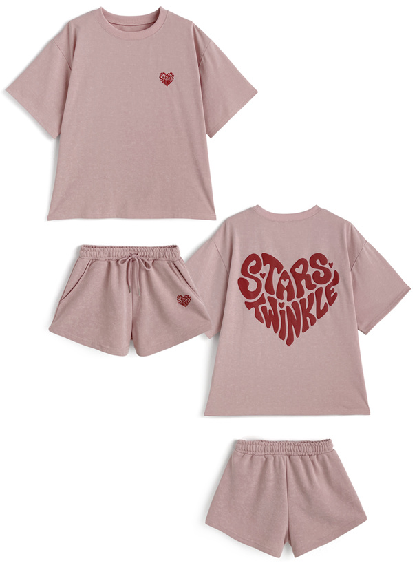 ハートロゴプリントTシャツ×スウェットショートパンツセットアップ