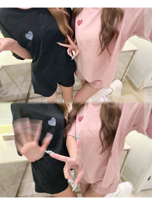 ハートロゴプリントTシャツ×スウェットショートパンツセットアップ