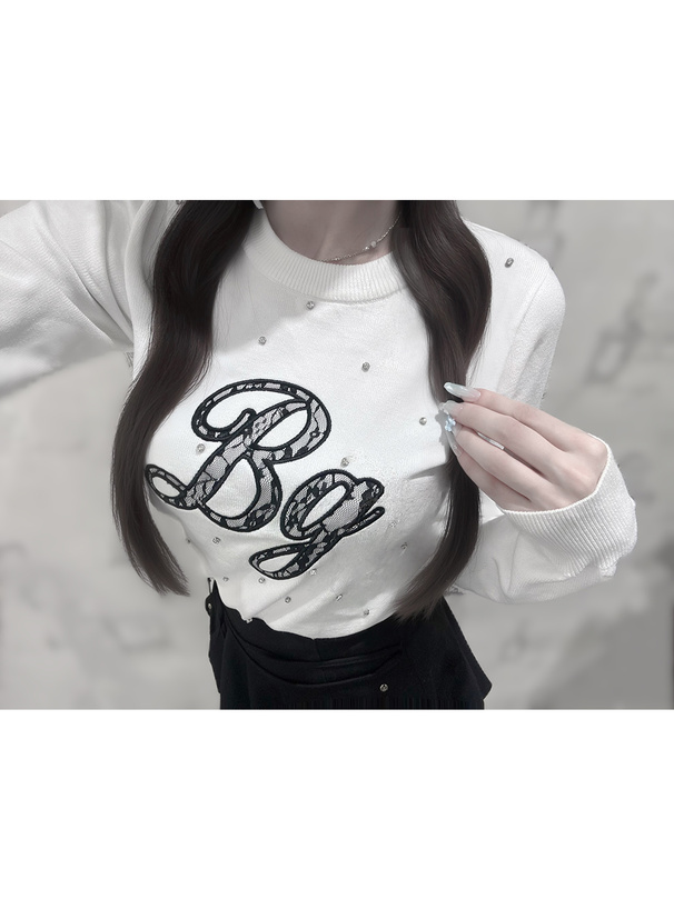 レースロゴ刺繍ビジューニットトップス[fu475] | レディース