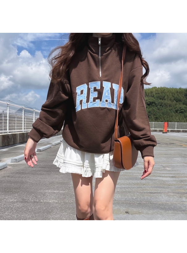 配色ロゴ刺繍ハーフジップスウェットトップス