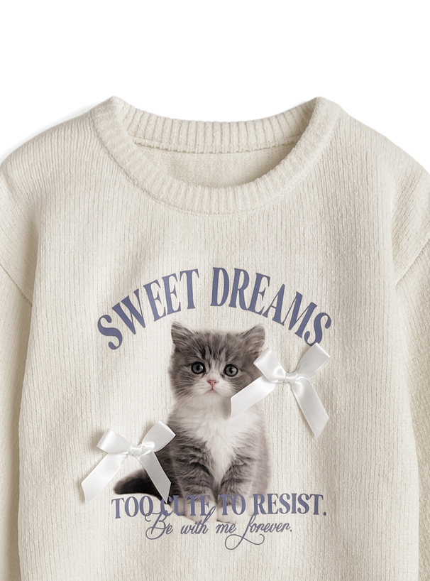 キャットプリントリボンニットトップス