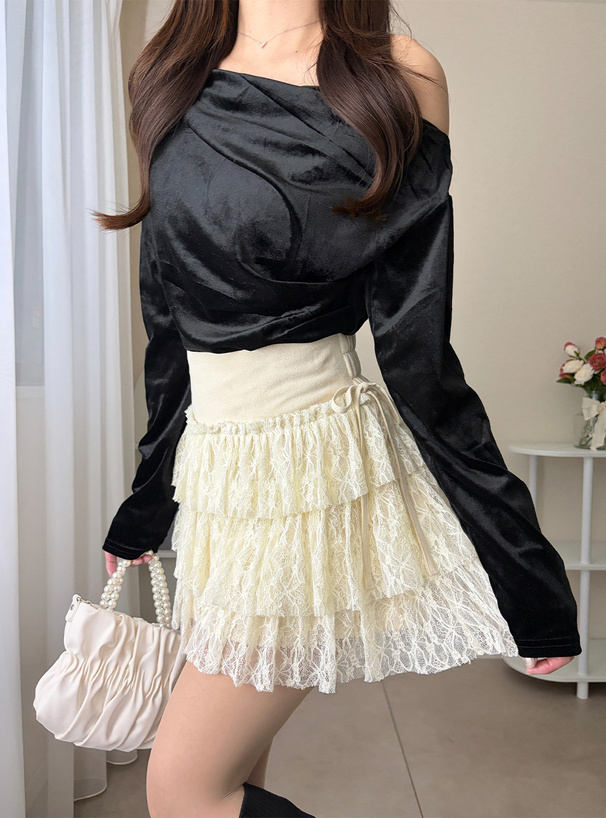 インパン裏地付きスエードレースティアードミニスカート