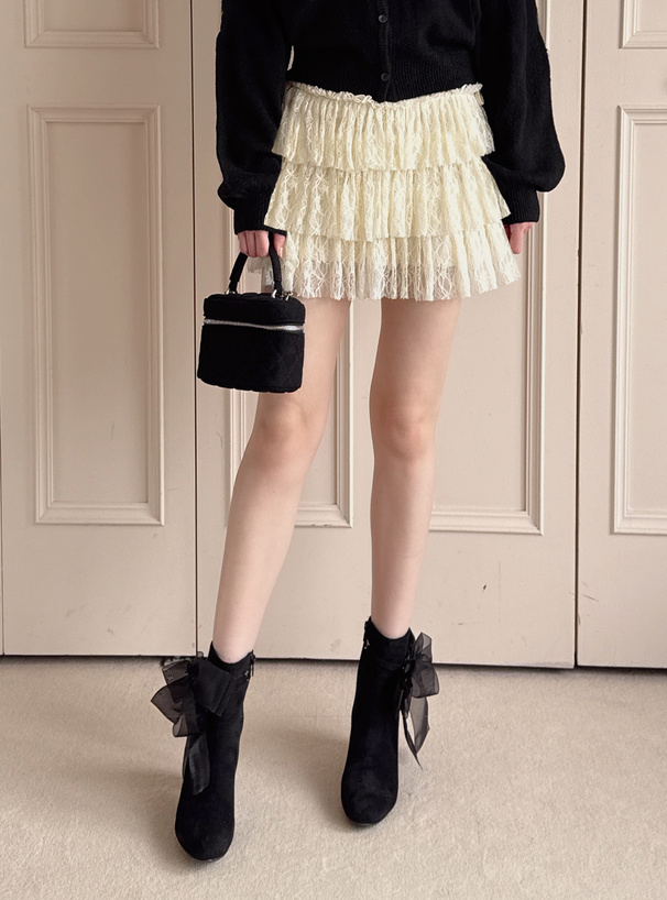 インパン裏地付きスエードレースティアードミニスカート