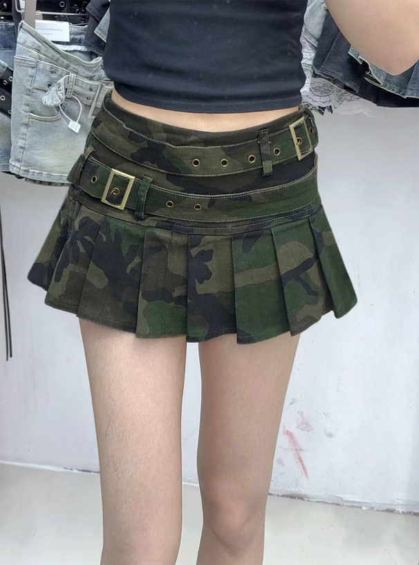 インパン付きカモフラージュ柄ダブルベルトプリーツミニスカート[gc339