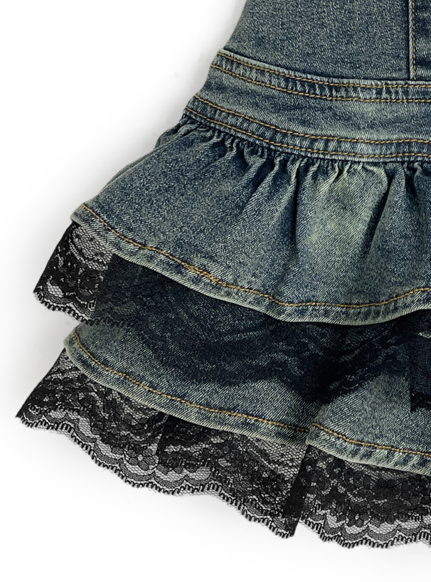 インパン付きレースフリルティアードデニムミニスカートパンツ