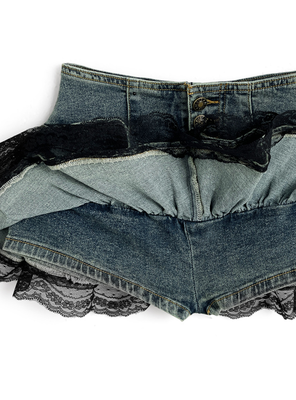インパン付きレースフリルティアードデニムミニスカートパンツ