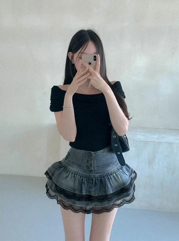 インパン付きレースフリルティアードデニムミニスカートパンツ
