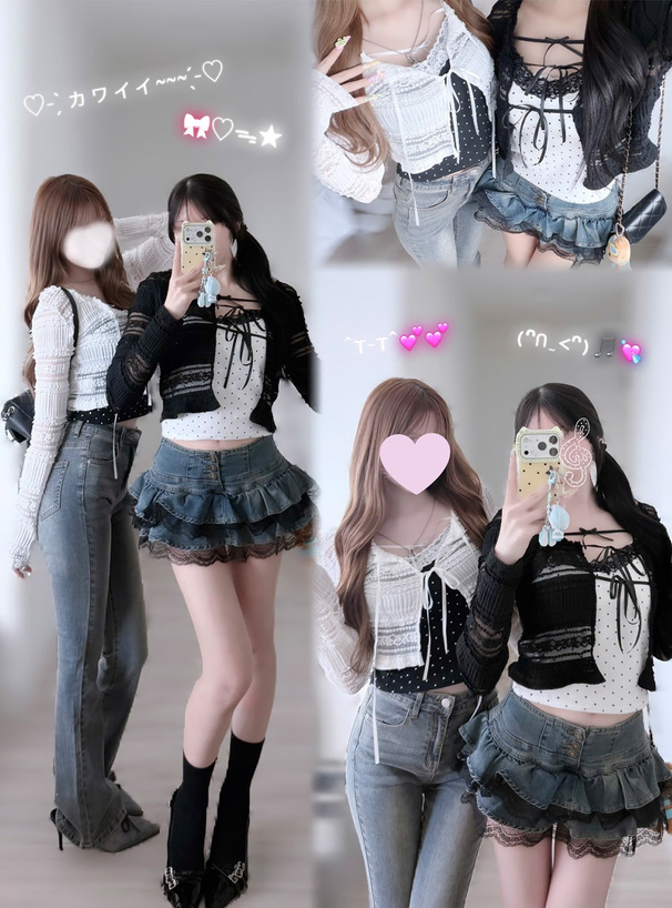 インパン付きレースフリルティアードデニムミニスカートパンツ