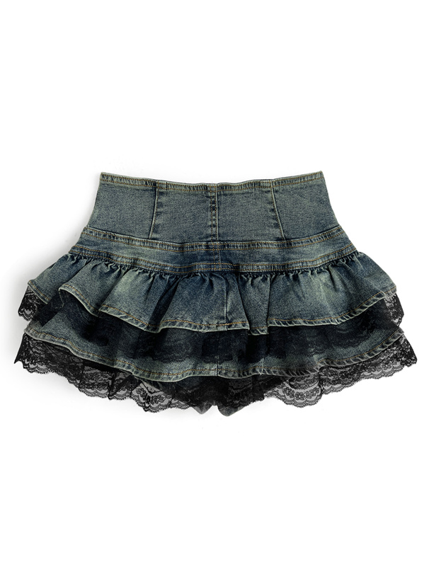 インパン付きレースフリルティアードデニムミニスカートパンツ