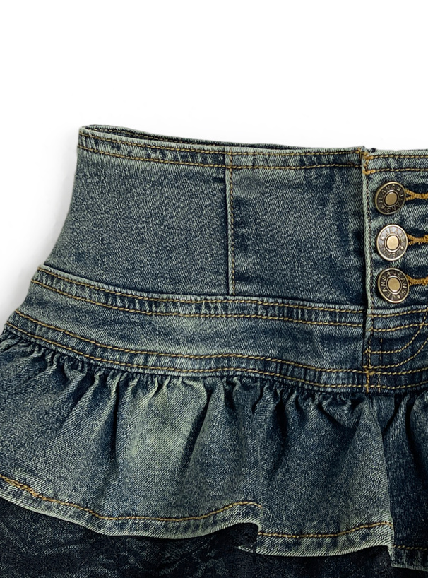 インパン付きレースフリルティアードデニムミニスカートパンツ