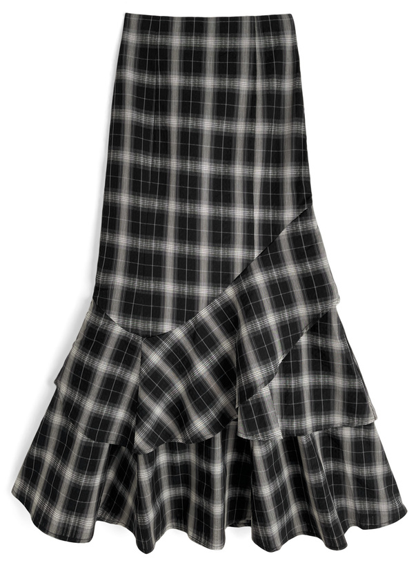 チェック柄ティアードアシンメトリーマーメイドスカート
