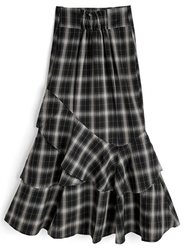 チェック柄ティアードアシンメトリーマーメイドスカート