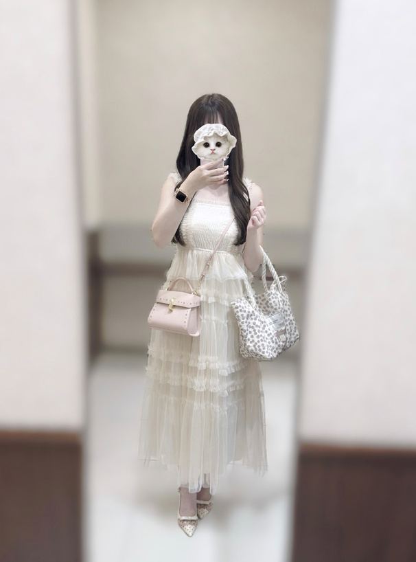 リボンドット柄メッシュパンプス