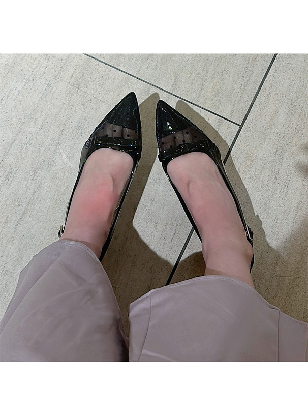 リボンドット柄メッシュパンプス