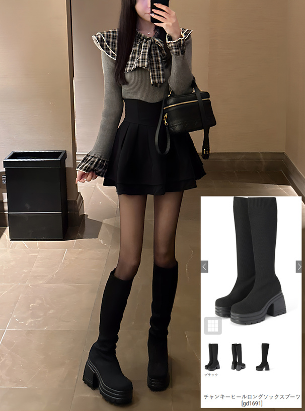 チャンキーヒールロングソックスブーツ[gd1691] | レディース