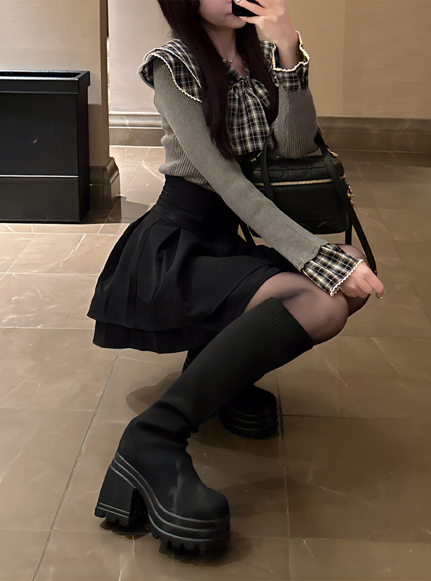 チャンキーヒールロングソックスブーツ