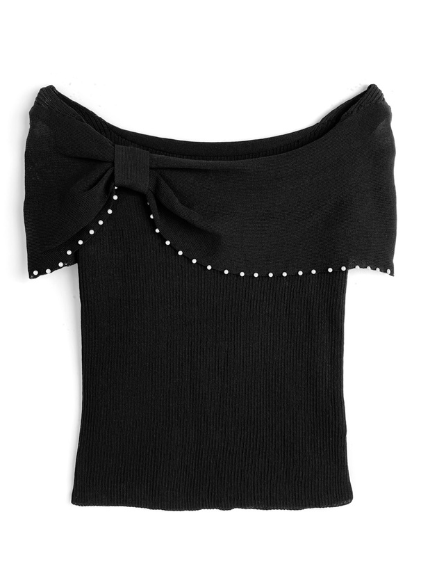 パールリボンオフショルダーニットトップス[gf109]