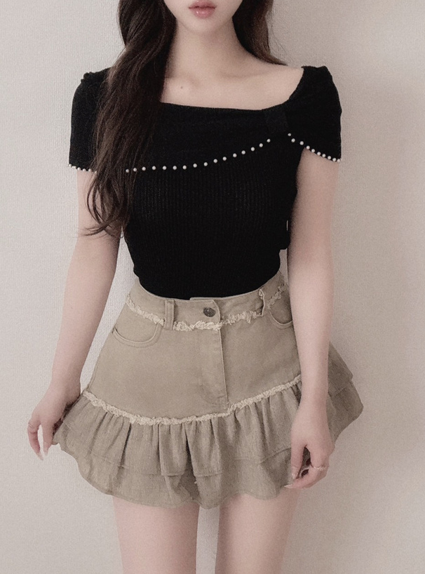 パールリボンオフショルダーニットトップス
