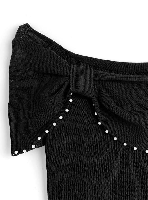 パールリボンオフショルダーニットトップス