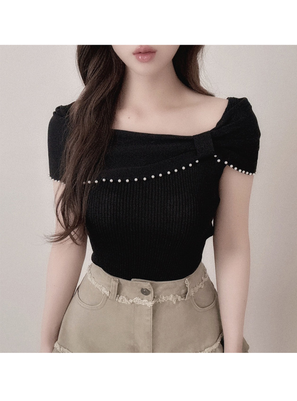 パールリボンオフショルダーニットトップス