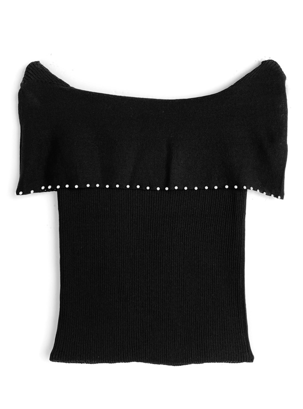 パールリボンオフショルダーニットトップス