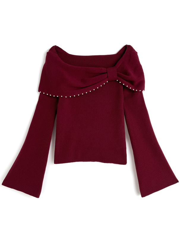 パールリボンオフショルダーニットトップス