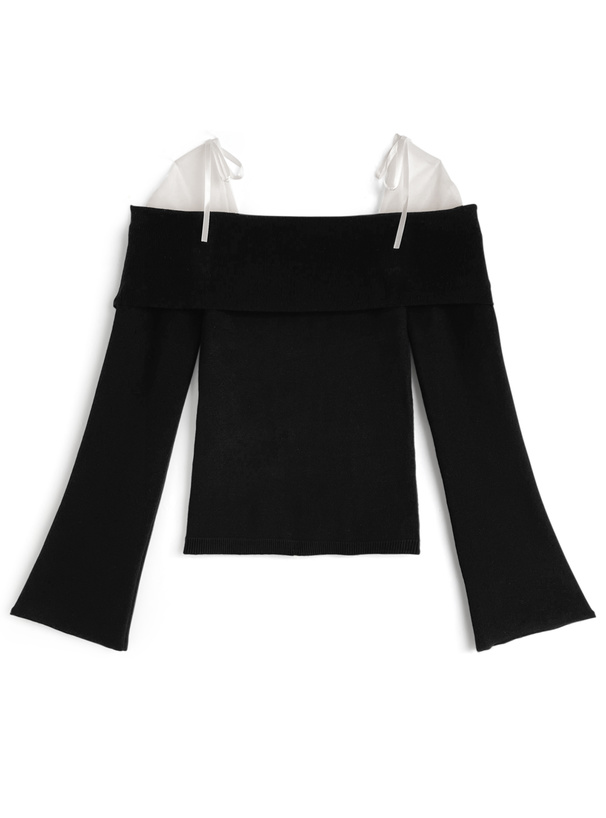 チュールリボンオフショルダーニットトップス