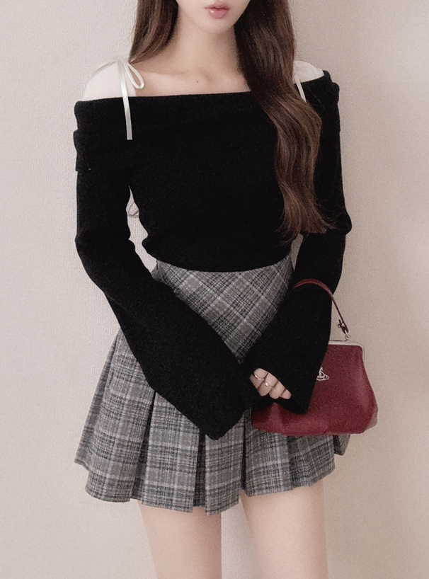 チュールリボンオフショルダーニットトップス