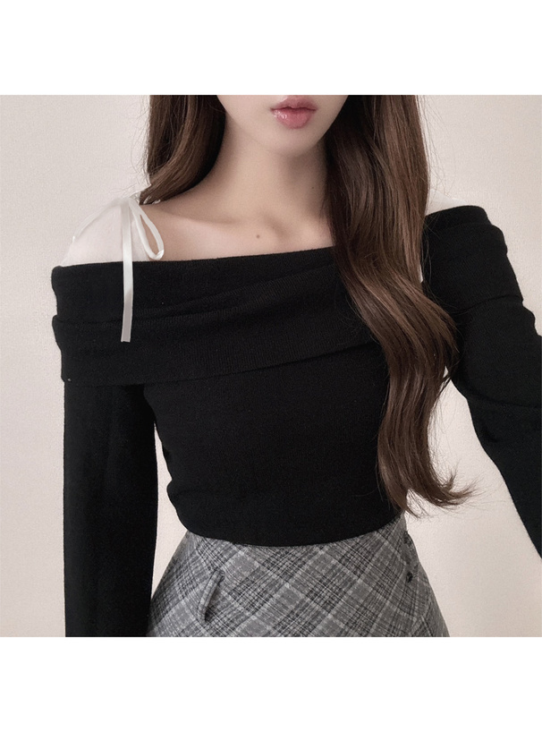 チュールリボンオフショルダーニットトップス