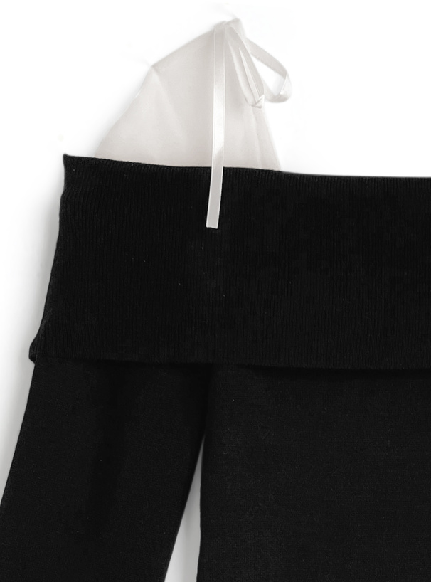 チュールリボンオフショルダーニットトップス