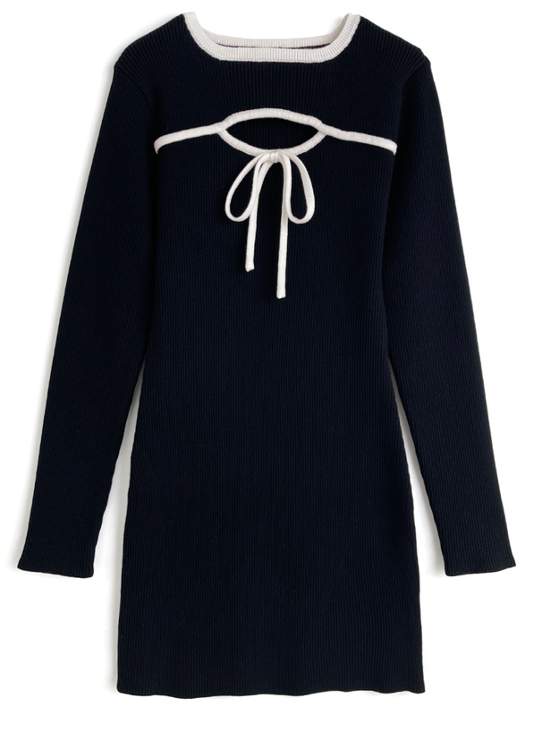 フロントオープン配色リボンニットミニワンピース[gf114] | レディース