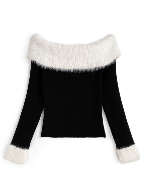 シャギーオフショルダーリブニットトップス