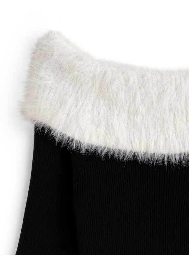 シャギーオフショルダーリブニットトップス