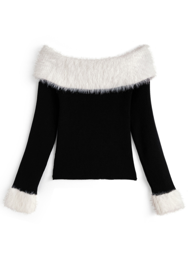 シャギーオフショルダーリブニットトップス