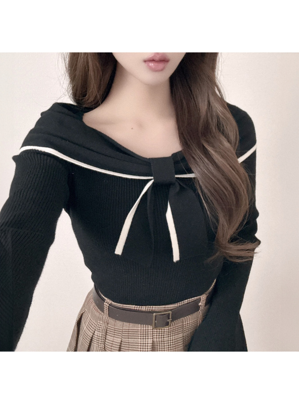 配色リボンニットトップス