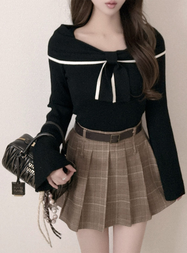 配色リボンニットトップス